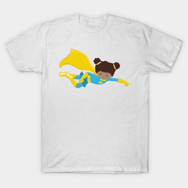 African American Girl, Superhero Girl, Yellow Cape T-Shirt by Jelena Dunčević